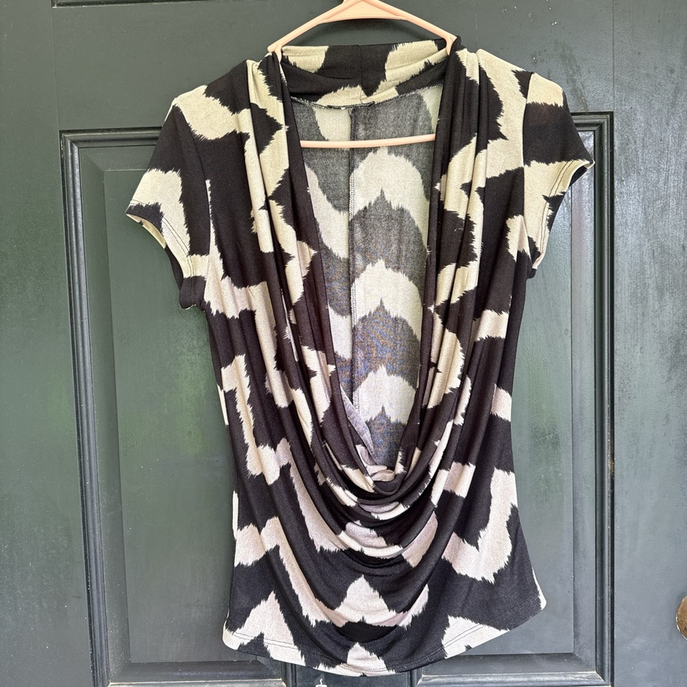 Body Central Black and Cream Draped Cowl Neck Blouse